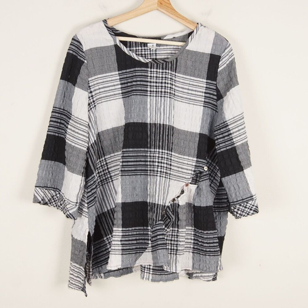 Moonlight Y&S Fashion Plaid Black Gray Pullover Abstract Lagenlook Tunic Top M